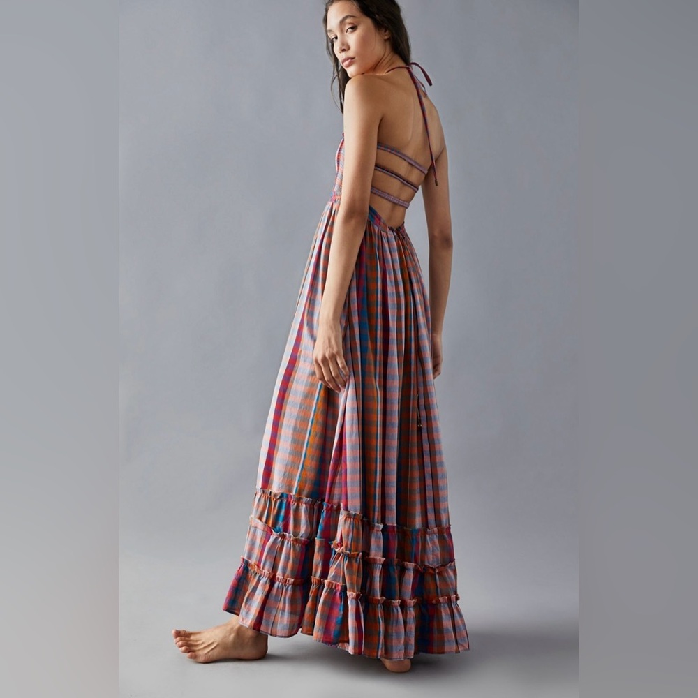 Free People Extratropical Maxi Dress in plaid size large strappy back halter